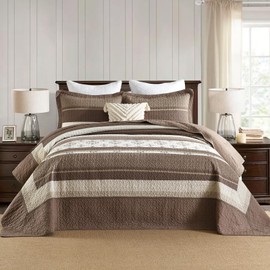 SahSahCasa 120"x102" 100% Cotton Oversized Queen Bedspread Coverlet Quilt Set, Queen Quilted Bedspread Extra Large Quilt, XL Bed Spread Lightweight Comforter, 3pc, Beige/Dark Brown