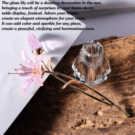 Crystal Tiger Lily Flowers with Crystal Vase Metal Stem Pink Lily Flower Collectible Gifts for Women, Glass Lilium Flower Artificial Floral Figurines for Home Wedding Party Decor
