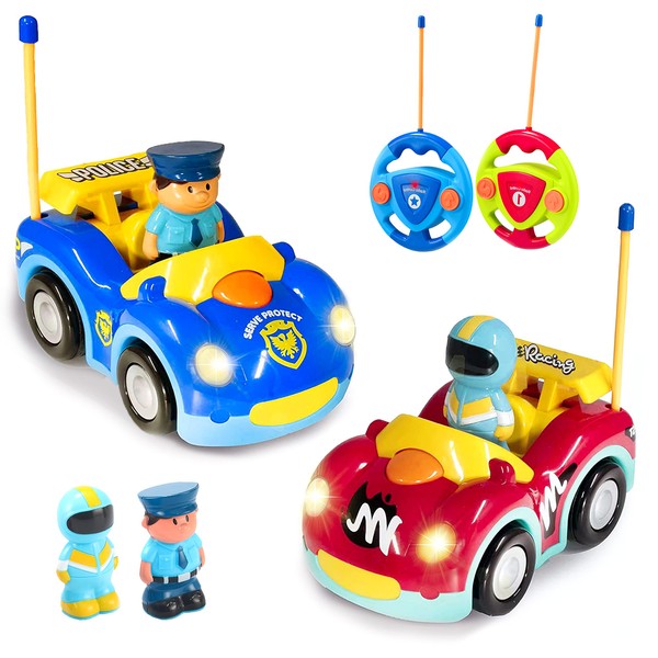 Toddler Remote Control Cars Pack of 2 Cartoon Police  and Race Car RC Radio Control Toys for Toddlers Kids Boys and Girls, Different Frequencies - for Two Players
