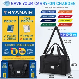 FIORETTO for Ryanair Airlines Cabin Bags 40x20x25 Underseat Travel Hand Luggage Carry on Bag Weekend Overnight Duffle Holdall Bag for Women and Men Black