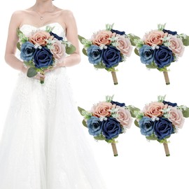 HOMENERGY Set of 4 Bridesmaid Bouquets for Wedding - 7 Inch Artificial Flowers Bouquets for Ceremony Anniversary Centerpieces Decorations - Navy & Dusty