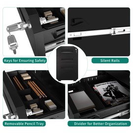 YITAHOME 3-Drawer Filing Cabinet Office Drawers with Lock, Divider and Pencil Tray, Portable Metal File Cabinet, Pre-Built Office Storage Cabinet,Black