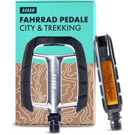 AARON City Bicycle Pedals with Non-Slip Rubber Grip and Sealed Industrial Ball Bearing, Trekking Pedals with Reflectors for E-Bike, Trekking Bike, City Bike, Silver/Black