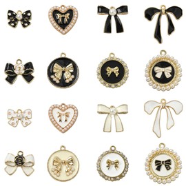 Stiesy 32 Pcs 16 Styles Black White Enamel Bowknot Charms Bowknot Crystal Rhinestone Imitation Pearl Accented Charms Pendants for Classic Feminine Earring Bracelet Necklace Chain DIY Crafting