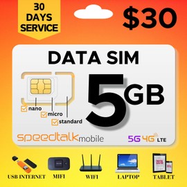 SpeedTalk Mobile Hotspot Internet 5GB Data SIM Card for 5G 4G LTE – WiFi - MiFi Modem Router USB Sticks Laptops Tablet | 30 Days 3 in 1 Simcard - Standard Micro Nano (5GB)