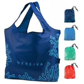 Nereiva 4 Pack 55 Pound Reusable Grocery Bags with attached pouch, Large Capacity, Durable, Washable, Foldable into a Small Pouch, Easy Shoulder or Hand Carry with handles, Stylish Shopping bag