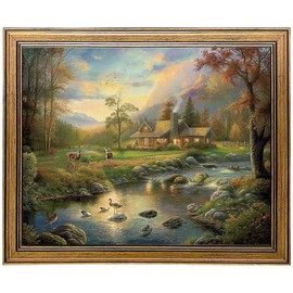 Gold Framed Wall Art Countryside Cabin Landscape Painting Canvas Print Artwork Picture Wall Decor for Bedroom Living Room (cabin by stream, 10L" x 8W")
