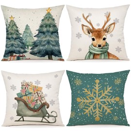 YCOLL Cushion Covers, Christmas Cushion Covers, Decorative Linen Cushion Covers for Decoration, Christmas, Sofa, Bedroom, Couch, 40 x 40 cm, Set of 4
