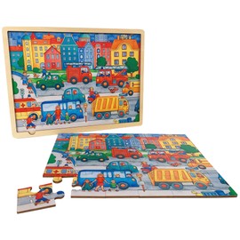 MoinKidz Wooden Puzzle for 3 Year Old with Picture Underneath, 24 Piece Puzzles for Kids Ages 3-5 Traffic Theme, Unique Shape Jigsaw Pieces Preschool Toddler Puzzles Ages 2-4 with Puzzle Tray