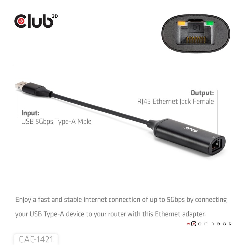 Club 3D CAC-1421 USB 5Gbps Type-A to RJ45 Ethernet M/F