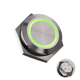 FILN 1 pcs 19MM (3/4'') Momentary Pushbutton Switch Metal Stainless Steel Auto Reset Slim Waterproof Strip with LED Light for Equipment ON/Off and Startup (12~24V Green)