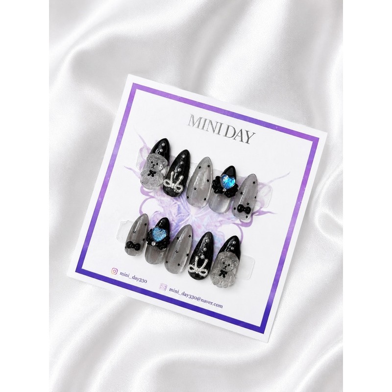 Black Angel Teddy Bear Handmade Nail Tips - Short Ballerina