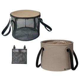 Stability1_(Designed by Active Campers) Folding Bucket for Camping, Outdoors, Mesh Pockets, Multi-functional, Simple, Waterproof, Car Washing, Disaster Prevention, Fishing, 5.3 gal (20 L) Large, Braun