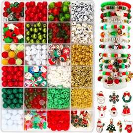 Kit para hacer pulseras navideñas de 1456 piezas, cuentas y dijes navideños para hacer joyas, cuentas de arcilla roja y verde, cuentas de perlas, cuentas de cristal redondas en forma de estrella