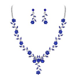 Clearine Women's Wedding Jewellery Set Leaf Cluster Flower Crystal Pendant Necklace Dangle Earrings for Bride, Alloy Steel Crystal Alloy steel, Sapphire
