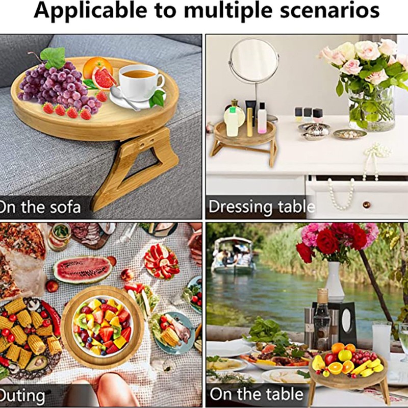 Clip On Tray Natural Bamboo 9.8in Round Home Couch Sofa