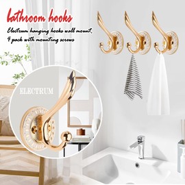 Noekye Coat Door Wall Metal Hat Towel Bag Hooks Rack Hanger Hook Handy Screw in Wall Mounted Stick on for Hanging, 4 Pack Electrum
