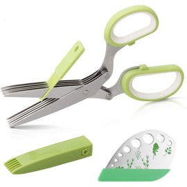 Herb Scissors Herb Stripper Set, CoiTek Stainless Steel Herb Cutter Tools 5-Blades Scissors with Herb Stripping Tool, Safe Cover, Cleaning Comb Multi-Blade Herb Shears 2 in 1 Herb Tools Kits (Green)
