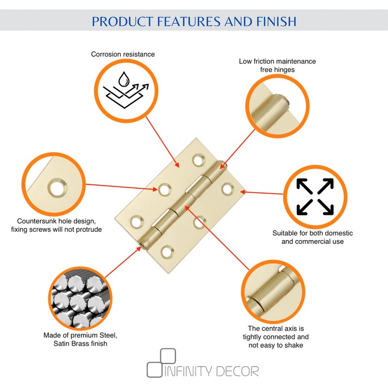 Infinity Decor 3 Inch (75mm) Satin Brass Butt Hinges Pair