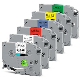 HUIMAZJIA 6-Pack 12mm 0.47 Laminated Multi Color Compatible for Brother Label Maker Tape P Touch Tze Tz Label Tape 12mm 0.47 Tze-231 for PT-H110 D210 D220 PT-H103W, Clear/White/Red/Blue/Yellow/Green