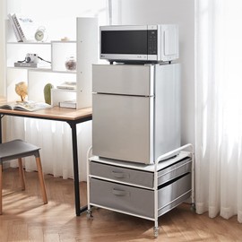 Mini-Fridge Stand on Wheels - Supreme Organization - White Metal Frame with Gray Drawers