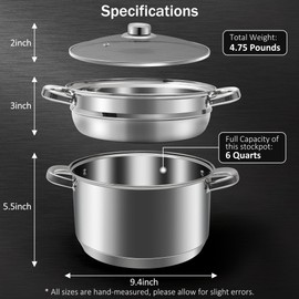 Aufranc AuFranc? 6 Quart 18/10 Stainless Steel Tri-ply Stockpot and Steamer with Tempered Glass Lid, Multipurpose Steamer Pot Compatible with All Cooktops, Non-Toxic Soup Pot, Oven & Dishwasher Safe (Silver)