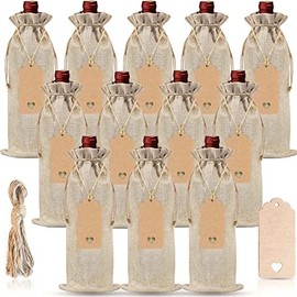 12 Pcs Burlap Wine Bags and 12 Pcs Gift Tags, Reusable Wine Gift Bags with Drawstrings, Jute Wine Bags, Wine Bottle Covers, Wine Bottle Bags for Party, Wedding, Birthday, Blind Tastings, Travel, Christmas, Home Storage