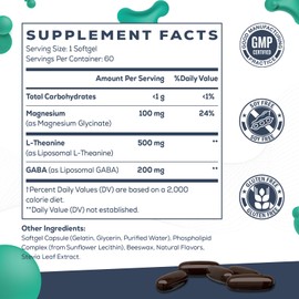 CyberCerix Liposomal L-Theanine 500mg, Complex with GABA 200mg & Magnesium 100mg, Extra Strength Supplement for Calm, Relaxation & Focus, Gluten Free - 60 Capsules