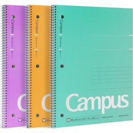 KOKUYO Spiral Notebook, 3 Pack Campus 10-1/2" x 8" Subject Notebooks with Wide Ruled, 80 Sheets, Purple Orange Turquoise 3 Holes School Spiral Journal for Work Study Note Taking (WSG-SU-400G3×3)