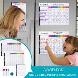 Magnetic Chore Chart Dry Erase Whiteboard Set - Pocket Charts - 2 Pcs Chores Chart for Multiple Kids, Teens & Adults (11.5x15) Each, Daily to Do (7x9) - 4 Markers & Eraser