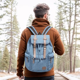DTGN Vintage Canvas Backpack for Men & Women, Durable Casual Daypack with Leather Accent, Fits for College, Work, Travel, & Outdoor, Blue