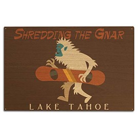 Lantern Press Lake Tahoe, California - Shredding The Gnar - Yeti - Snowboarding - Geometric - Contour 102836 (10x15 Wood Wall Sign, Wall Decor Ready to Hang)