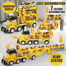 7-in-1 Transporter Car Carrier Truck Toy for Kids with  6 Mini Construction Vehicles, Track, Music, Lights