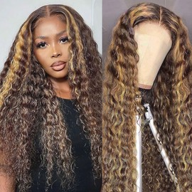 Aveiyce Highlight Ombre HD Transparent 13x4 Lace Front Wigs Human Hair 180% Density Honey Blonde 4/27 Deep Wave Lace Front Wigs for Black Women Frontal Curly Wig Pre Plucked with Baby Hair 26 Inch