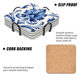 BaHomeck Drinking Coasters With Holder Set of 4 Water Absorbent Blue Watercolor Texture Elements China Flower Ceramic Coaster Tabletop Protection (Cork Base),Suitable for Various Cup,Home Decor,4 Inch