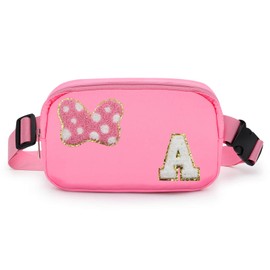 Chenille Initial Letter Bow Mouse Fanny Pack, Waterproof Park Crossbody Bag Christmas Birthday Gifts for Teen Girls Daughter Women Kids Adults, Cute Belt Bag Must Haves for Park Travel (A, Pink)