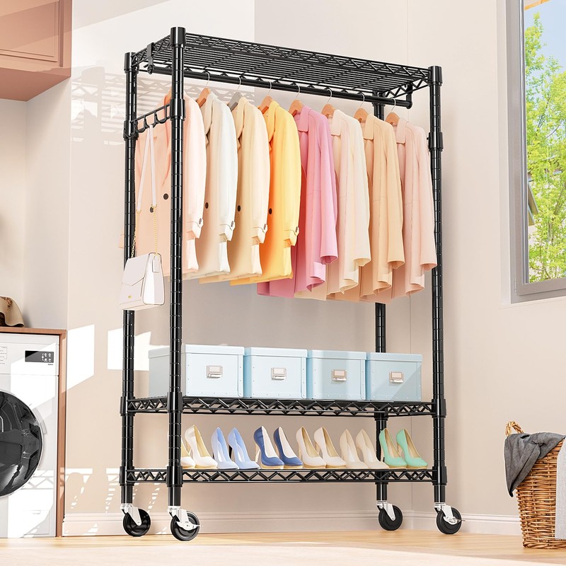M MZG Heavy Duty Rolling Garment Rack 3 Tiers Adjustable