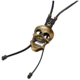 COOLSTEELANDBEYOND Rock Punk Vintage Aged Brass Skull Bolo Tie, Tie, Lariat Necklace Black Leather Rodeo Long Y Necklace, Alloy, brass, metal, Non-applicable