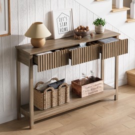 Treocho 47" Console Table with Drawers, Fluted Narrow Entryway Table with Open Shelf, Farmhouse Sofa Table Behind Couch for Hallway, Living Room, Brown Walnut