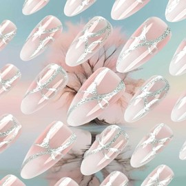 Sparkly Curve Line Press on Nails White Gradient Medium Almond False Nails 24 Pcs Glossy Silver Glitter Acrylic Fake Nails Gel Glue on Nails Galaxy Stars Design Stick on Nails for Coquette Women Girls