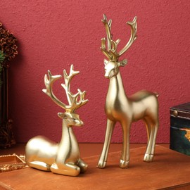 TOPBATHY 2pcs Reindeer Christmas Room Decoration Gold Resin Christmas Elk Statues Party Scene Layout Decor Ornament for Living Room, Bedroom, Bathroom, Bookshelf, Desktop, Cabinets (golden)