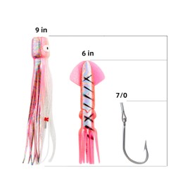 OCEAN CAT Teaser Chain Trolling Lure Saltwater Fishing Lure Bag with Circle Hook and Fishing Line Fully Rigged Teasers for Wahoo Tuna Marlin Mahi Mahi (#035-Blue, 9in+6in+7/0)