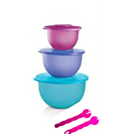 Tupperware Bowls Three Piece Set With Lids And Salad Tongs (Bundle)