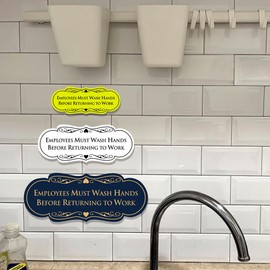 Signs ByLITA Designer Employees Must Wash Hands Before Returning to Work Sign - Durable Plastic and Easy Installation | Workplace Restroom Reminder (Walnut) - Small (1 Pack)