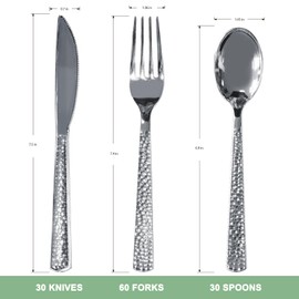 120 Pcs Disposable Cutlery Set, Silvery Plastic Silverware,60 Forks, 30 Spoons, 30 Knives, Heavy Duty Flatware for Holidays, Parties, Dinners, Weddings, and Occasions