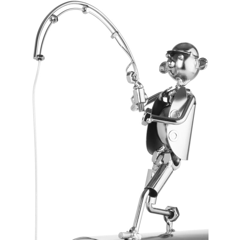 BRUBAKER Wine Bottle Holder 'Fisherman Catching Fish' - Metal Sculpture