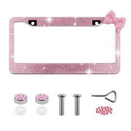 Rhinestone & Bow Cute License Plate Frames for Women,Stainless Steel Car Plate Frame as Car Decoration & Stylish Gifts,Bling License Plates Frame Automotive Exterior Accessories (Pink/Pink)