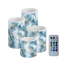 NETILGEN Flameless LED Battery Candles Pack of 4 Waterproof Pillar Candles Tealights with 18-Key Timer Remote Colorful Lights for Indoor Outdoor Home Outdoor Wedding Decor, Blue Gold Marble