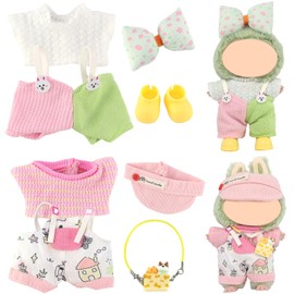 ECORELF 2 Set Doll Clothes for 15cm/17cm, 8 Pack Mini Cute Doll Clothes Outfit Accessories for, Tops, Bib Pants，Bow Clip Suitable 1st/2nd (No Dolls)