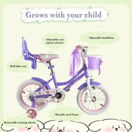 RULLY 16" Daisy Bike for Age 4 5 6 7 Year Old Toddlers and Girls,16" Kids Bike with Training Wheels & Basket, Retro Style in Purple